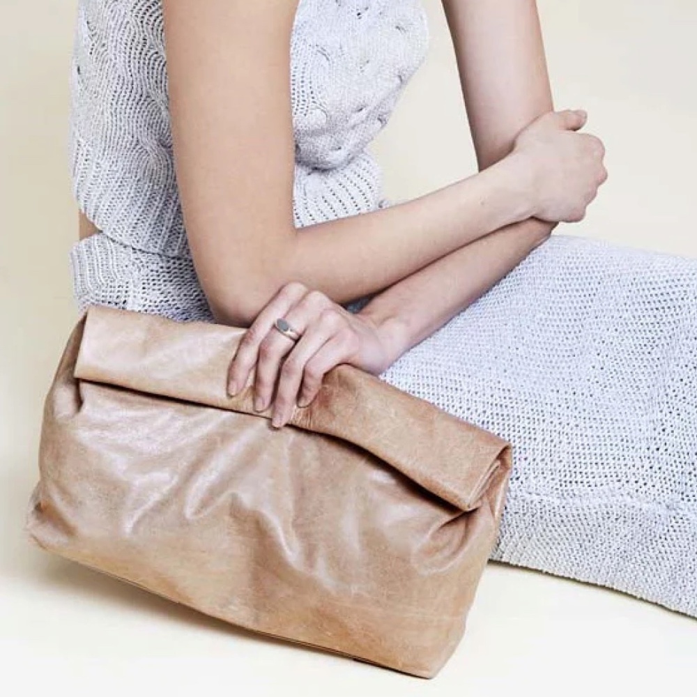 Marie Turner  Tan Leather Paper Bag Lunch Clutch Bag